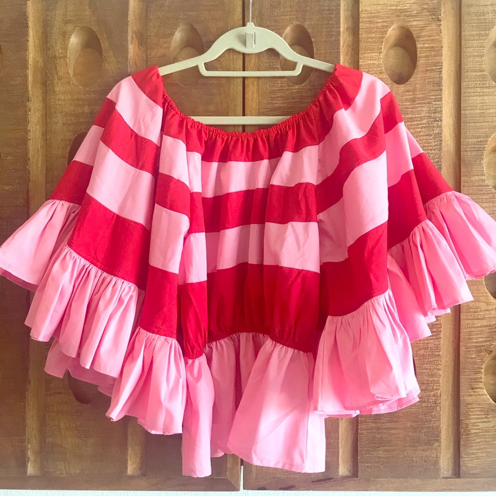 Nasty Gal Off The Shoulder Pink Red Ruffle Top